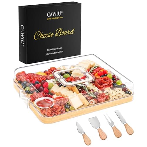 CAWIU Portable Travel Charcuterie Board with Lid and Handle - Large Bamboo Cheese Board with 4 Cheese Knife Set for Outdoor, Picnics - Weddings, House Warming Gift for Women (6 Compartments, White)