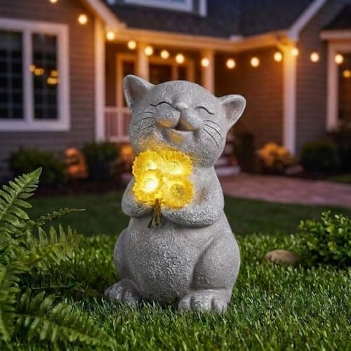 PETAFLOP Solar Cat Garden Statue Decor with Sunflower, Birthday Housewarming Gifts for Father Mom Grandma Women Cats Lover, Outdoor Figurines Patio Balcony Yard Lawn Decorations - Image 1