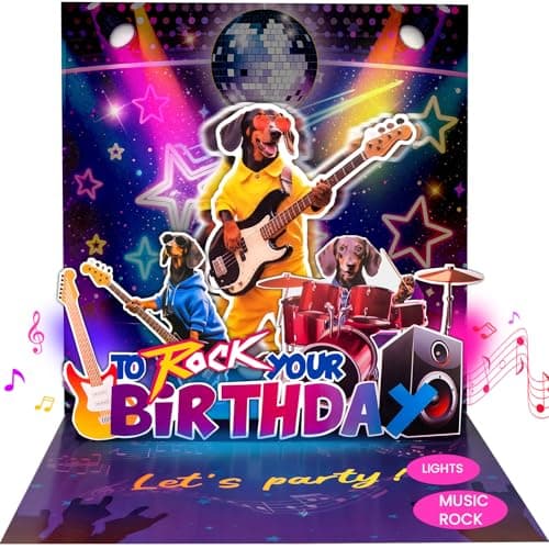 mountova Birthday Card, Funny Birthday Cards for Men Women Kids, Exquisite MUSICAL & SHAKING & LIGHTING Rock Band Dog Pop-up Greeting Card Gifts with Envelope, 6.1 x 6.1 Inch - Image 1