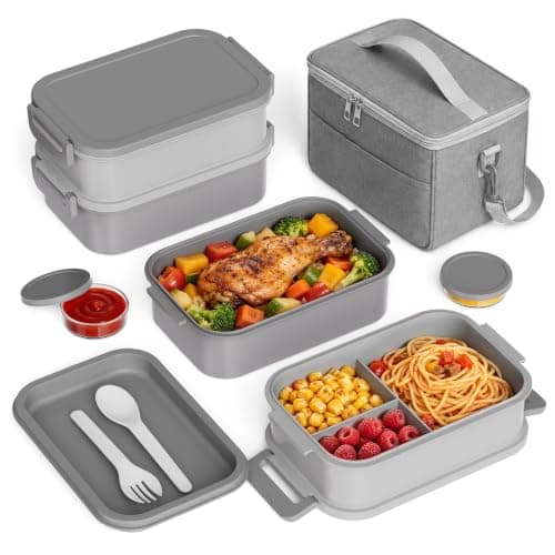 Bento Box adults Lunch Box - 2130ml Lunch Box Containers with Insulated Lunch Bag, Utensils & Sauce Container, Leak Proof Bento Box for Men Women, Reusable Plastic Lunchbox for Work, Meal Prep, Grey - Image 1