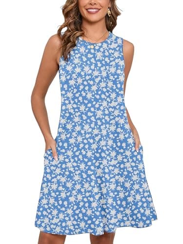Heymoments Women Summer Dress Floral Print Medium Sleeveless Crew Neck Casual Cute Loose Fitting Tank Sundress Comfy Swing Midi Flowy A-line Trendy Beach Vacation Teacher Dresses with Pockets - Image 1
