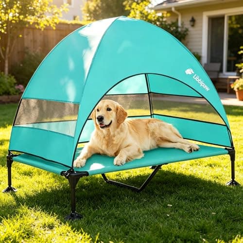 Libbipaw Windproof Elevated Dog Bed with Canopy & Stakes, 3-Sided 90% UV Block, Chew-Proof Teslin Mesh Mat for Large Dogs up to 150lbs(Blue X-Large) - Image 1