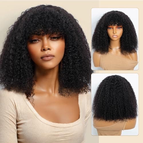JOEDIR HAIR Human Hair Wig Afro Kinky Curly Fluffy Wig for Black Women Wear and Go Wig with Bangs Glueless Wigs 250% Density (NATURAL, 14 inch) - Image 1