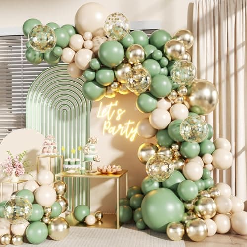 Sage Green Gold Balloons Arch Kit, 140Pcs Pastel Sage Green Gold Sand White Confetti Balloons for Wedding Bridal Shower Spring Birthday Party Decorations
