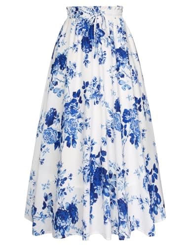 Long Skirts for Women Summer Vintage Floral A Line Flowy Maxi Skirt Blue XXL - Image 1