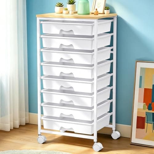 SUNALLY Rolling Cart With 8 Drawers, Storage Drawer Carts with Wooden Tabletop and 2 Lockable Wheels, 8 Tier Rolling Cart for Craft Art Supply Storage & Home Office Organization, White - Image 1