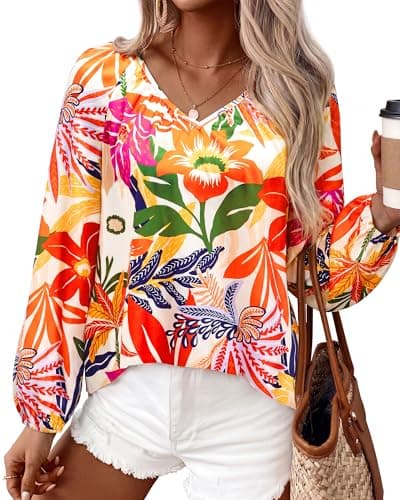 Zenlonr Women's Summer Tops Dressy Casual 2026 V Neck Satin Silk Printed Shirts Boho Long Sleeve Work BlousesMulticolored Flower,Large - Image 1