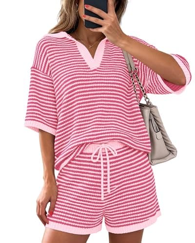 PRETTYGARDEN Women 2 Piece Lounge Sets Short Sleeve V Neck Striped Tops Drawstring Short Sets Beach Summer Outfits 2026(Striped Pink,Small) - Image 1