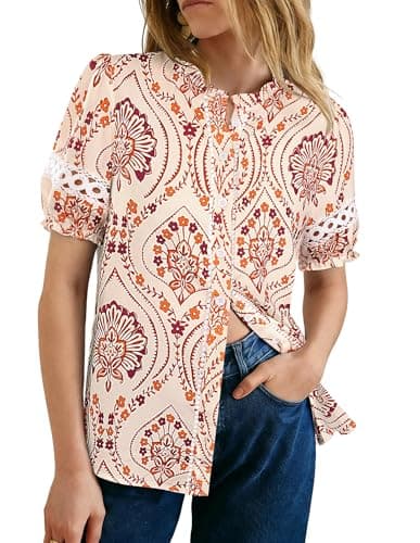 GRACE KARIN Women Boho Floral Tops, Summer Short Eyelet Sleeve Dressy Casual Shirts, Spring Button Down Blouse 2026 Trendy Orange Small - Image 1
