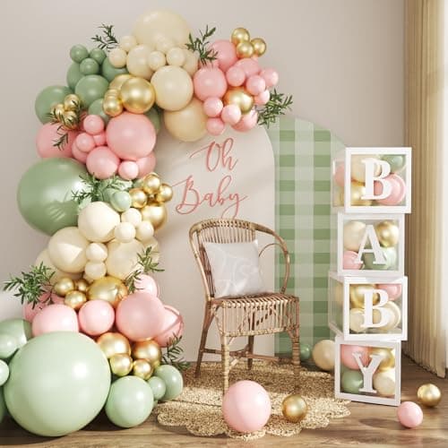 Pink and Green Gold Balloon Arch Kit, 132Pcs Pink and Green Baby Shower Decorations with Baby Boxes Letters for Girls Boho Baby Shower Gender Reveal Birthday Party Decorations - Image 1