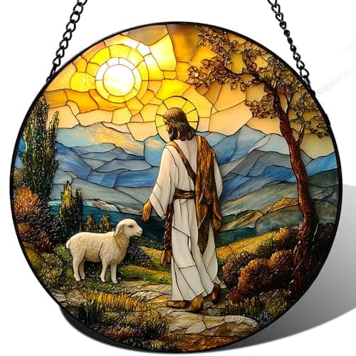 Zizzie Stained Glass Jesus Suncatcher - 7.9" Real Glass Good Shepherd & Lamb Mountain Window Hanging, Weatherproof Christian Religious Decor, Sympathy Easter Memorial Gift for Mom Women