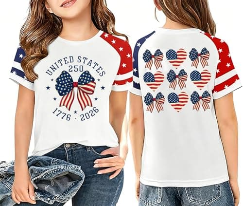 IsPICK Girls 4th of July USA Shirt 250th Anniversary American Flag Patriotic T-Shirt Independence Day Outfit for Kids 4-12 Years - Image 1