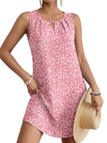 ANRABESS Summer Dresses for Women 2026 Casual Keyhole Sleeveless Beach Cover Up Short Sundress Cruise Outfits Vcation Clothes Pink White Floral Medium - Image 1