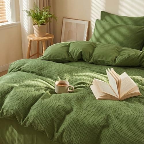 DCSKY Cotton Duvet Cover King,100% Cotton Waffle Weave Olive Green Duvet Covers King Size,Luxury Textured & Breathable 3pcs with 2 Pillow Shams for All Season 104x90 Inches