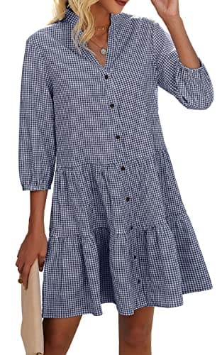 CCTOO Women's Summer Dresses Casual V Neck Button Down 3/4 Sleeve Floral Print Loose Flowy Shirt Dress Navy Blue Small - Image 1
