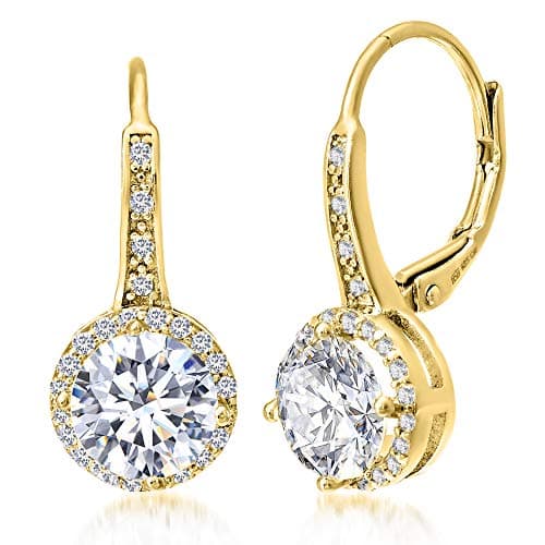 Mia Sarine 14K Yellow Gold Plated 925 Sterling Silver Cubic Zirconia Halo Lever Back Dangle Bridal Earrings for Women Yellow - Image 1