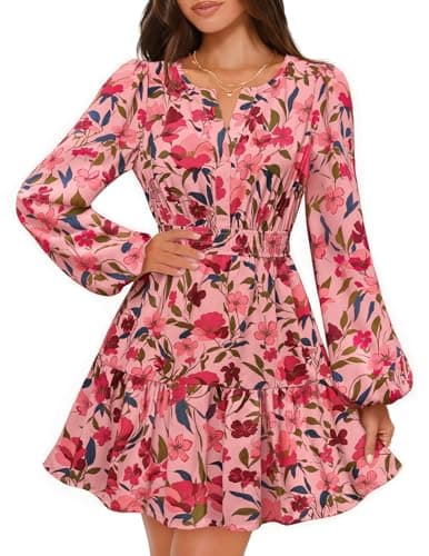 MEROKEETY Fall Wedding Guest Dresses for Women Long Sleeve Floral Casual Lightweight Flowy Swing Boho Dress Pockets, VintagePink, L - Image 1