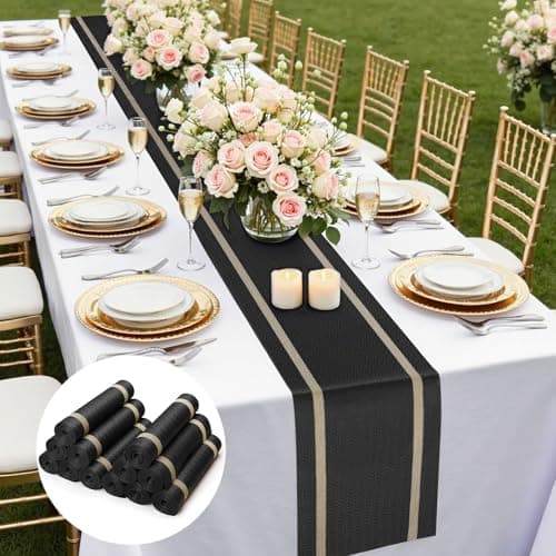 FAVE 12 Pack Woven Vinyl Table Runners, 120x12 Inch Black with Gold Threads Waterproof & Heat-Resistant Table Mats for Dining, Wedding, Banquets, Party, Restaurant Decor(Black, 12"x120") - Image 1