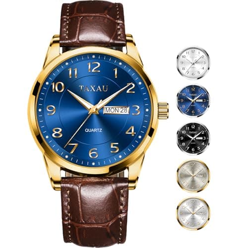 Taxau Watches for Men Blue Face Mens Dress Watches with Day Date Waterproof Watch Brown Leather Band Analog Wrist Watch for Man Large Number Big Face Gold-Blue reloj de Hombre - Image 1