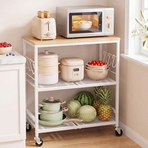 Wapuai Rolling Kitchen Microwave Cart, 3-Tier Cart with Lockable Casters, 6 S Hooks for Towels, Rolling Kitchen Storage Rack, Space Saving Stand for Small Kitchen, Apartment, Coffee Bar - Image 1