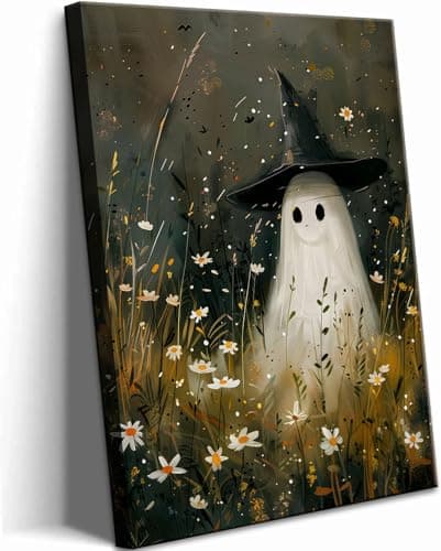 Vintage Cute Ghost Canvas Wall Art Funny Ghost with Witch Hat Poster Prints Wildflower Field Halloween Spooky Gothic Dark Academia Wall Decor Pictures 12x16in - Image 1