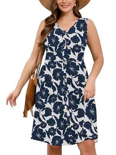 AusLook Plus Size Women Summer Dress Sleeveless V Neck Casual Cute Loose Sundress Peony Silhouette 5X Comfy Swing Button Down Midi Work Flowy Tunic Ladies Beach Vacation Teacher Dresses with Pockets - Image 1
