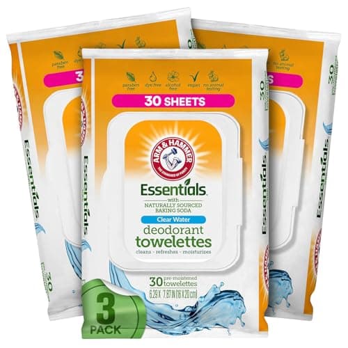Arm and Hammer 3 Pack Face and Body Wipes for Adults - Deodorant Towelettes 90 Sheets for Women - Shower Wipes for Traveling, Camping, Gym, and Bathing - Alcohol-Free Face Sheets (Clear Water)