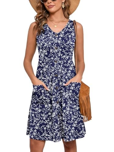 Heymoments Women Summer Dress Vine Flower X-Large Sleeveless V Neck Casual Cute Loose Sundress Comfy Swing Button Down Midi Work Flowy Tunic Ladies Beach Vacation Teacher Dresses with Pockets - Image 1