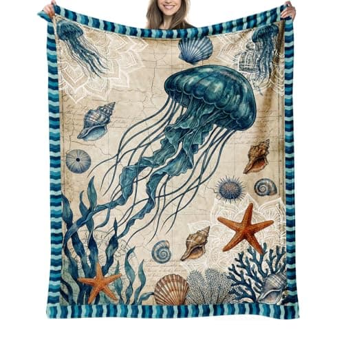 Jellyfish Blanket Gifts for Women Girls Kids Adults, Nautical Ocean Seashell Starfish Soft Cozy Flannel Decor Multi-Use Blankets for Couch Sofa Office Travel Nap Birthday 50"x60"