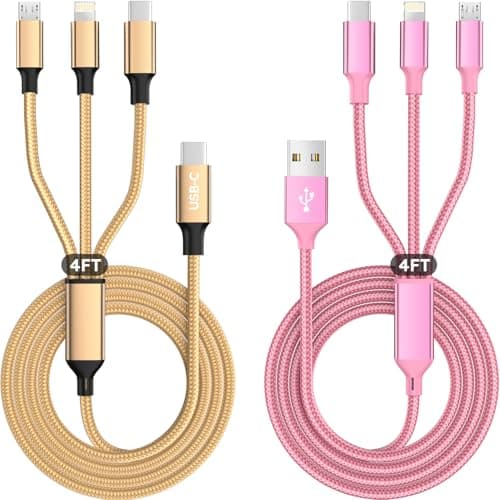 USB A + USB C Multi Charging Cable 4ft 2Pack 3 in 1 Charger Cord, Multiple Nylon Braided Cable USB Charging Cable Multi Phone Charger Cord with Type C Micro Lightning USB Connectors for Cell Phones - Image 1
