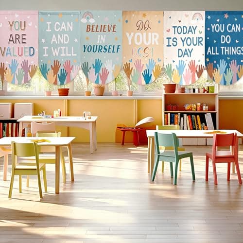 SUGORER 6 Pcs Boho Classroom Curtains Colorful Hand Print Curtains Boho Inspirational Curtains for Back to School Classroom Kindergarten Playroom Primary Daycare Bedroom Living Room (36" X 24")