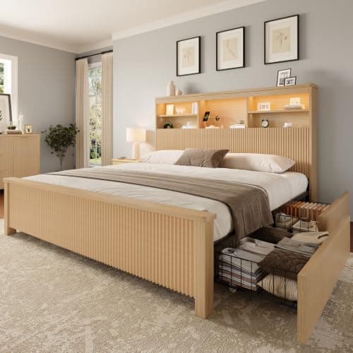 Uteeran King Size Bed Frame and Tall Headboard & Storage, Metal Platform Bed Frame with 4 Storage Drawers, King Bed Frame with LED Lights & Charging Ports, No Box Spring Needed, Noise-Free, Natural