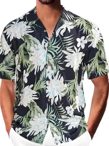 Damipow Hawaiian Shirt for Men Short Sleeve Beach Vacation Shirt Floral Summer Casual Button Down Shirts,Green Flower,3XL - Image 1