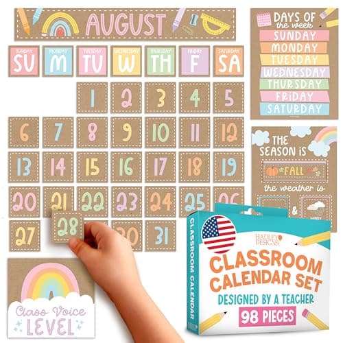 Hadley Designs Classroom Calendar Set Bulletin Board Decorations - Kraft School Calendar for Classroom Decor, Kindergarten Preschool Elementary Teacher Must Haves, Homeschool & Daycare Essentials - Image 1