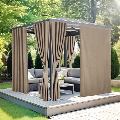 NICETOWN 100% Blackout Linen Outdoor Curtains for Patio Waterproof, Windproof Gazebo Curtains with Sticky-Back Top & Back Tab Bottom, 2 Straps & Rope Included for Porch Pergola, W52 xL96, Taupe - Image 1