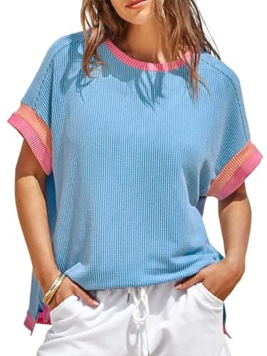 Womens Color Block Oversized Tops Trendy Casual Summer Textured Ribbed Knit T Shirts Loose Fit Short Sleeve Tshirts Sky Blue - Image 1