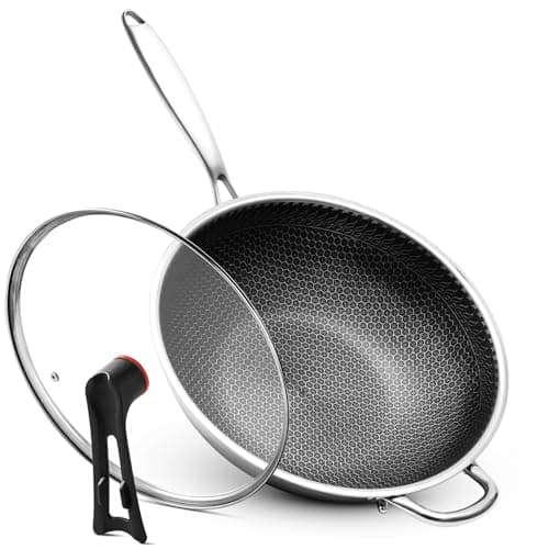 WANGYUANJI Stainless Steel Wok Pan with Lid, 12.6 Inch Honeycomb Hybrid Nonstick Stir Fry Pan, Tri-Ply Clad Skillet for Induction Electric Gas Stove, Dishwasher Safe, No Seasoning Needed (Serves 3-4) - Image 1