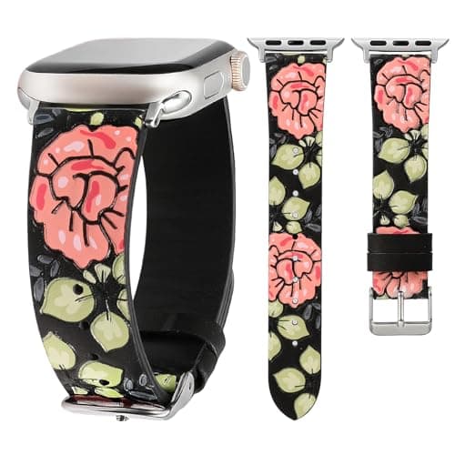 Moolia Floral Leather Band Compatible with Apple Watch Band 49/46/45/44/42mm Women, Cute Romantic Vintage Rose Pattern Strap for iWatch Series 11 10 9 8 7 6 5 4 3 2 1 SE/Ultra(1/2/3), Black/Hot Pink