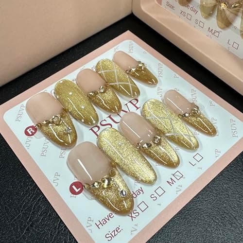 10 pcs Handmade Press on Nails, Golden Magnetic diamond Fake Nails,The effect is just like a salon manicure French Reusable Full Cover False Nails, Cat Eye Salon Grade Manicure Tips Almond Size M - Image 1