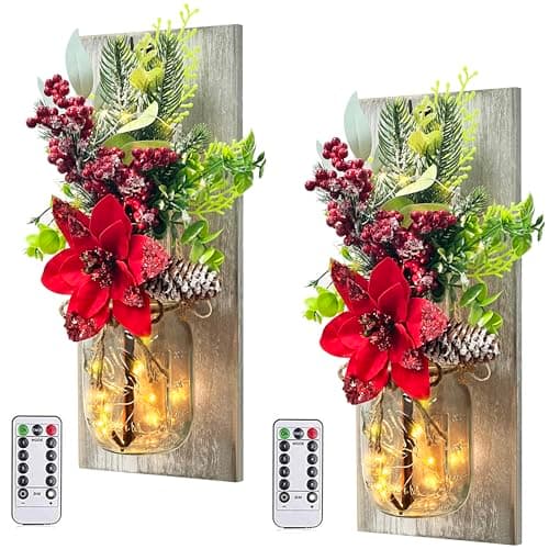 Mason Jars Sconce Decor Rustic Wall Sconces Handmade Wall Art Hanging Design with Remote Control LED Fairy Lights and Red Berry, Xmas Farmhouse Wall Home Decor Living Room Lights Set of Two - Image 1