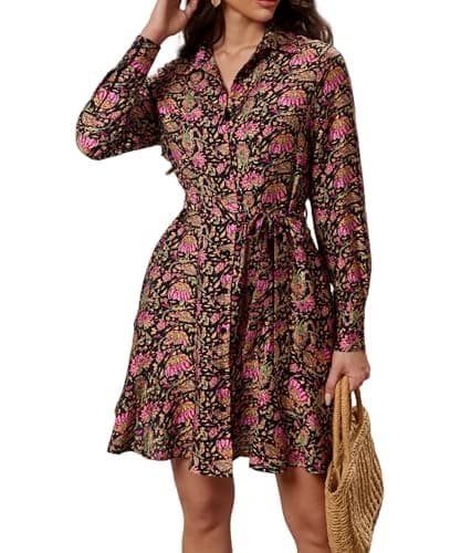 Ystguic Women's Collar Business Button Up Shirt Dress with Tie Waist Belt for Ladies Casual Work Office Elegant Plain Dresses Small YG012 Black Floral S - Image 1