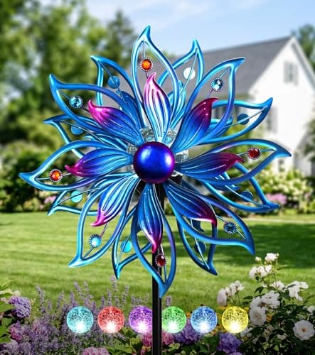 VUFOZ Solar Wind Spinners Outdoor for Yard and Garden, with Solar Glass Ball Light, Petal Hollow Gemstone Inlay, Blue Purple Fade-Resistant Finish, Rustproof Iron(W13*H64)