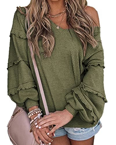 BTFBM Women’s V Neck Long Sleeve Blouse Loose Fit Tunics Ruffles Off Shoulder Waffle Knit Solid Color Tops Fall Tee Shirts(Solid Army Green,Medium) - Image 1