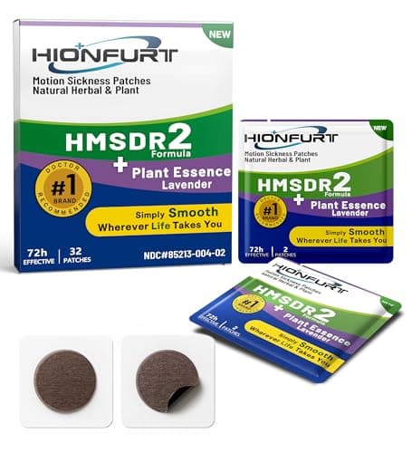 Hionfurt HMSDR2 32ct Motion Sickness Patches with Plant Essence – Lavender – Sea Sickness Patches for Cruise, Car, Airplane – Non-Drowsy, 72H Lasting