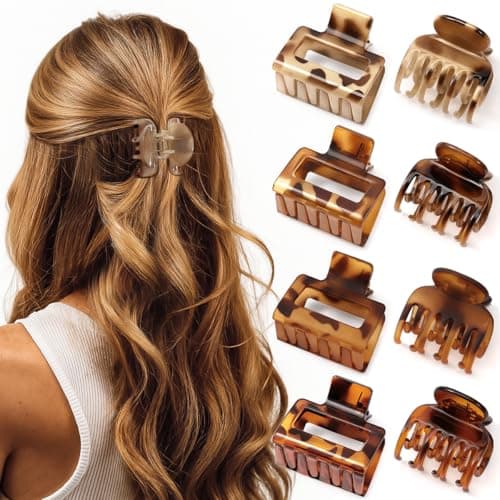 8 PCS Small Hair Clips for Women Girls, Square Medium Hair Claw Clips for Thin, Fine & Short Hair, Cute Non Slip Leopard Print Jaw Clips for Holiday Gifts, Ideal for Half Up Hair (Tortoise)