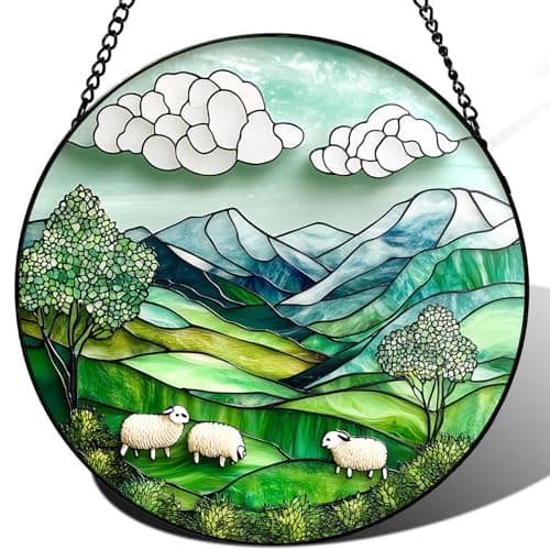 Zizzie Stained Glass Mountain Sheep Suncatcher - 7.9" Real Glass Pastoral Landscape Window Hanging, Weatherproof Farmhouse Cottagecore Decor, Peaceful Nature Gift for Mom Women Home - Image 1