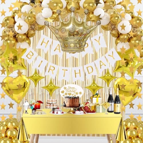 Gold Birthday Decorations Set – Happy Birthday Banner, Star Garland, Crown Foil Balloon, Fringe Curtain Backdrop, Table Cover, Cake Topper, Confetti &Latex Balloons for Boys Girls Men Women Party - Image 1