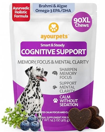 Ayourpets Senior Dog Brain & Cognitive Support Chews – Memory, Focus & Mental Clarity with Brahmi, Ashwagandha & Omega-3 – Ayurvedic Herbal Formula – Fish Flavor – 90 Count - Image 1