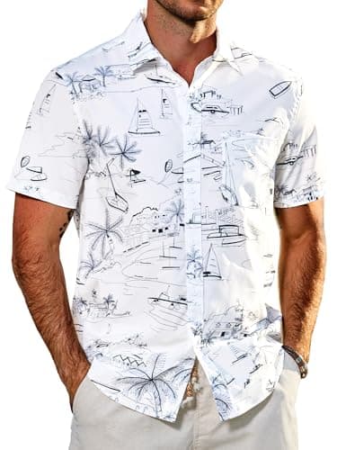 JEMLDL Men's Hawaiian Short Sleeve Button Down Shirt Wrinkle-Free Lightweight Clothing Geometric Printed Vacation Travel White Geometry Large - Image 1