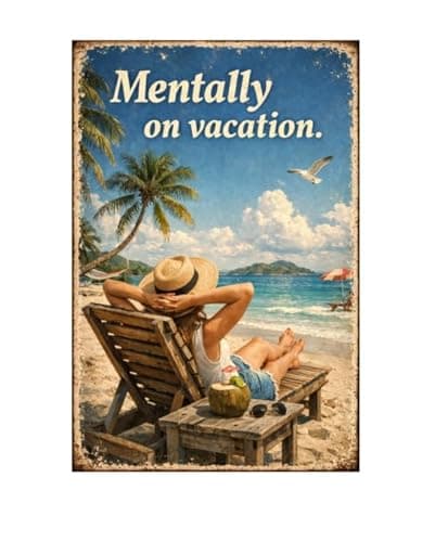 Mentally on Vacation Beach Metal Sign - 8x12 Inch Vintage-Style Tin Plaque with Relaxing Coastal Art, Perfect for Home or Office Decor, Pre-Drilled Holes for Easy Hanging - Image 1